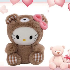Plush Hello Kitty in Brown Bear Costume Pink Bow Checkered Ears & Paws